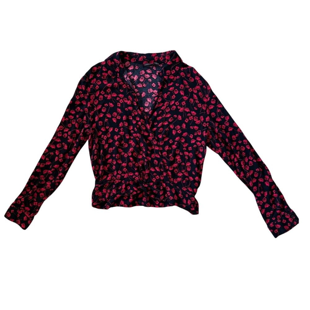 Free Press Y2k Wrap Top Long Sleeve Blouse Floral Print Size Medium Black Red - Picture 3 of 6